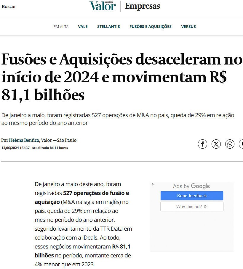 Fuses e Aquisies desaceleram no incio de 2024 e movimentam R$ 81,1 bilhes